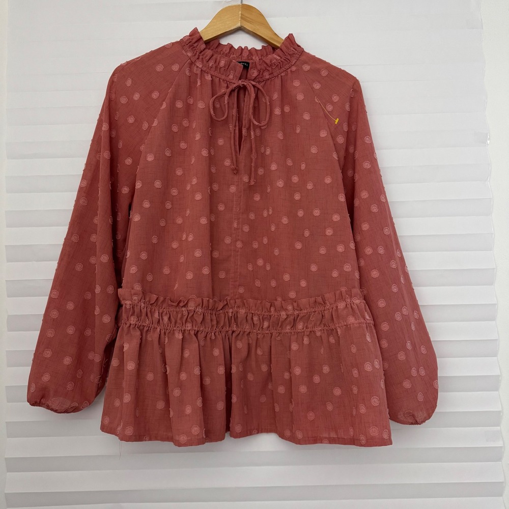 Zac & Rachel Womens XL Swiss Dot Peplum Boho Blouse Ruffle Mock Neck Dusty Rose